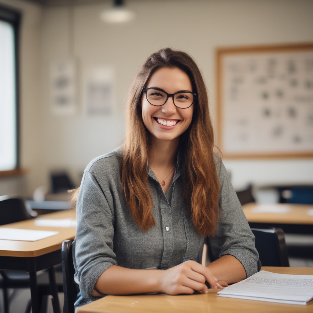 Friendly tutor smiling in a classroom setting